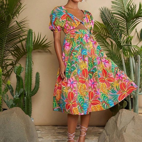 . Dresses & Skirts - Multicolor Boho Womens Tropical Print Puff Sleeve Dress